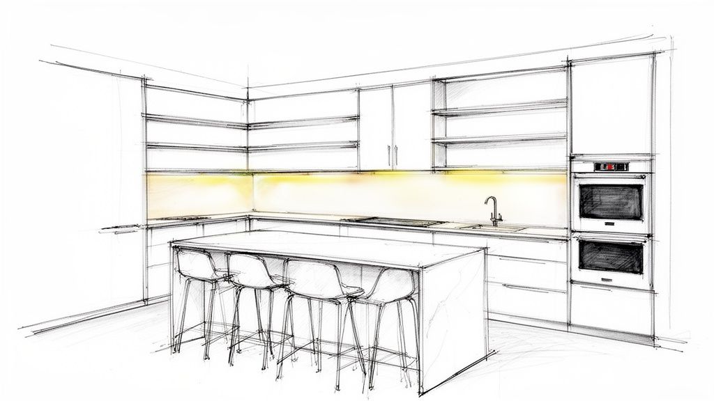 Architectural sketch of a modern kitchen with an island, four bar stools, open shelving, and integrated ovens.
