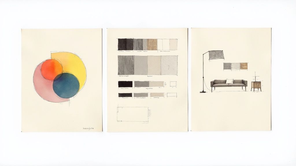 A physical mood board with fabric swatches, paint chips, and material samples arranged on a table.