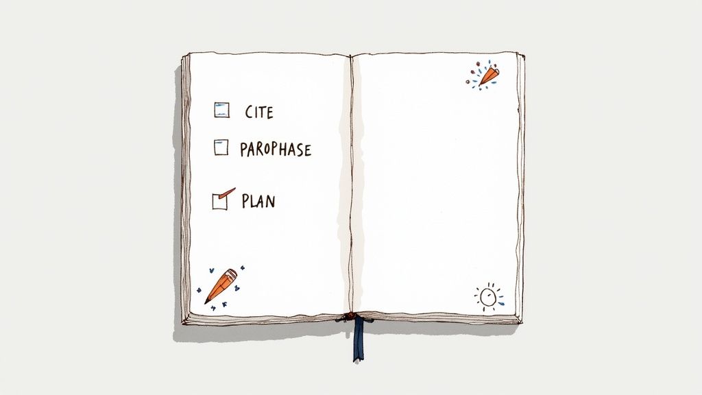 Open notebook with checklist showing cite, paraphrase, and plan options with plan checked off