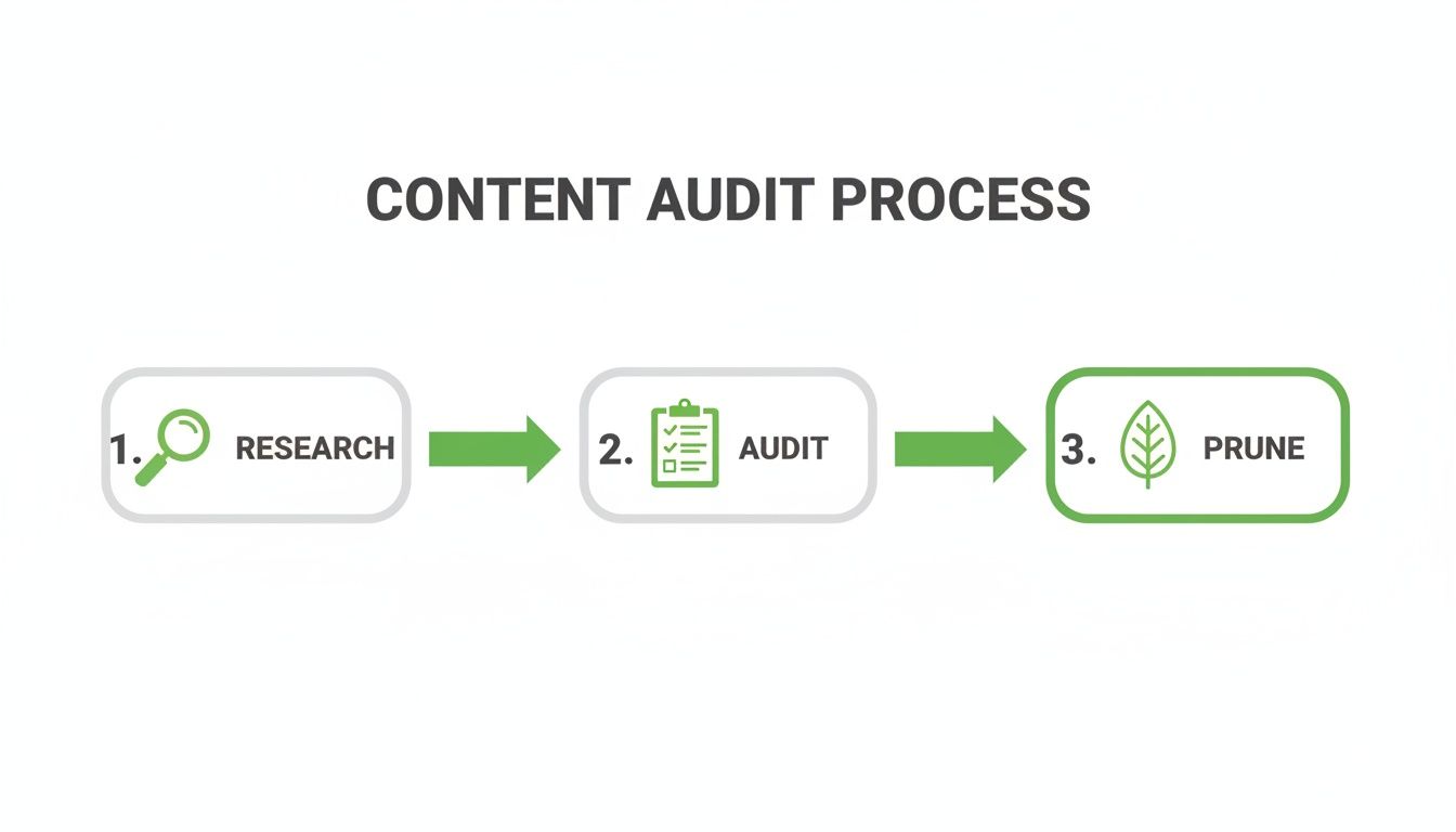 A three-step content audit process diagram with research, audit, and prune icons.