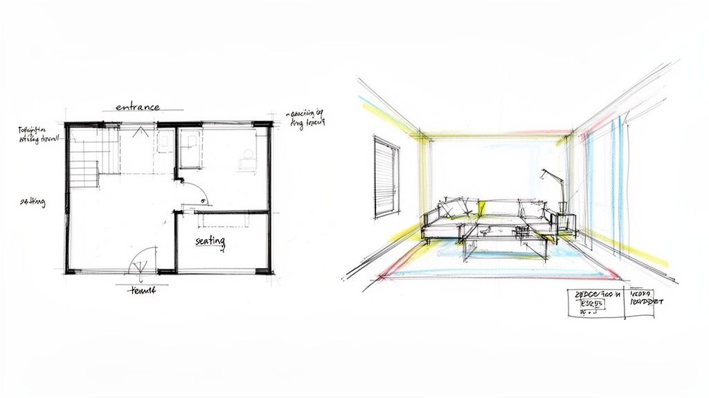 Architectural sketches showing a floor plan and a perspective view of a modern living room.