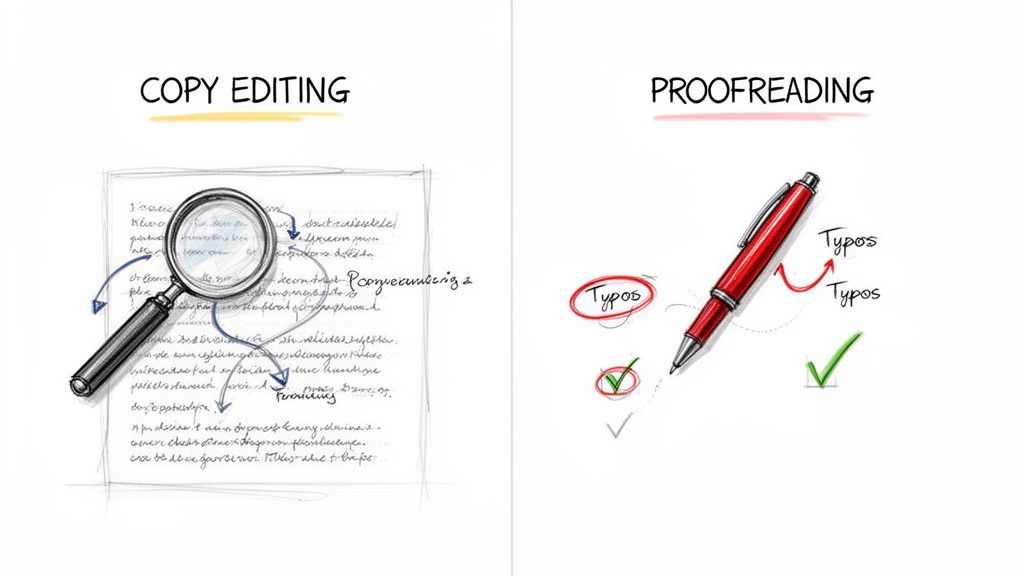 A visual comparison showing copy editing with a magnifying glass and proofreading with a red pen correcting typos.