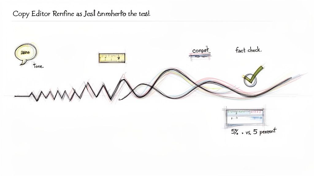 A visual representation of a copy editor's tasks, including tone, fact-checking, and precise formatting rules.