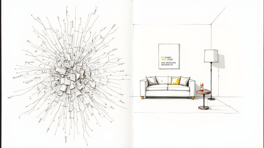 A conceptual drawing of interconnected ideas alongside a clean, modern room illustration.