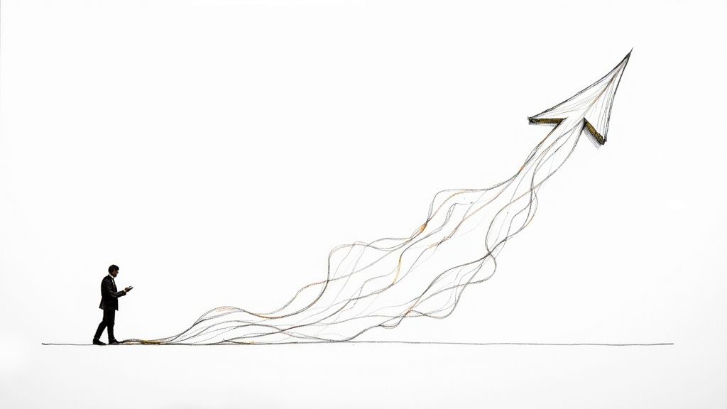 Business person walking forward launching an upward arrow symbolizing growth and progress