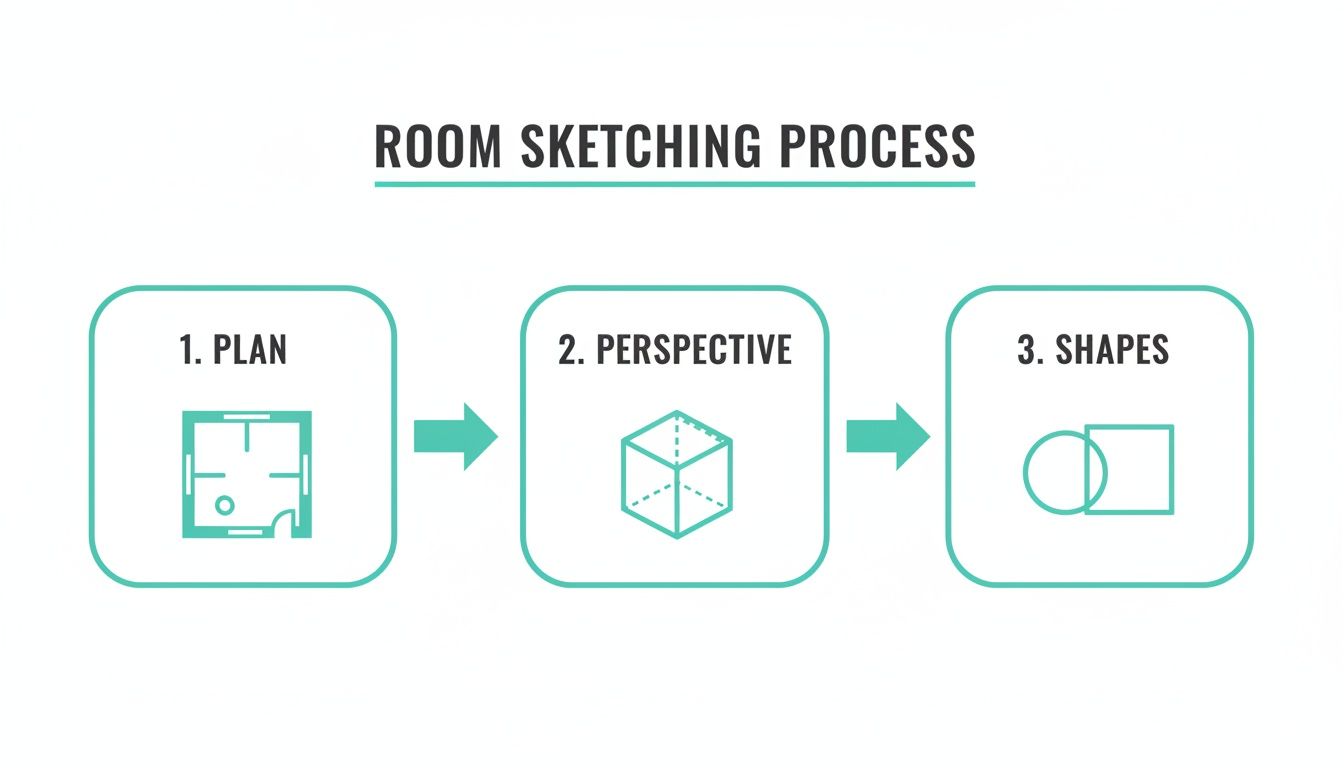 A visual guide illustrating the room sketching process with steps: plan, perspective, and basic shapes.