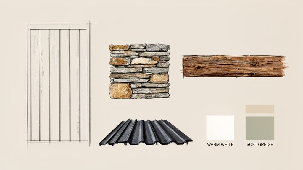 Rustic farmhouse exterior material selection featuring wood paneling, stacked stone, wood beam, corrugated metal, and paint colors.