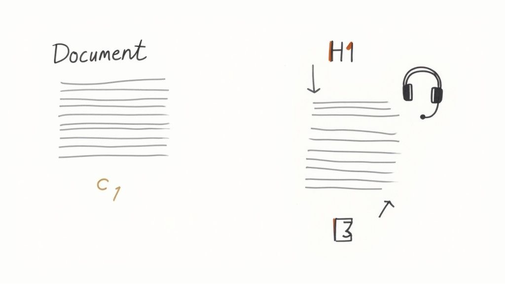 Diagram illustrating document structure with a generic content block and a section marked with H1 heading.