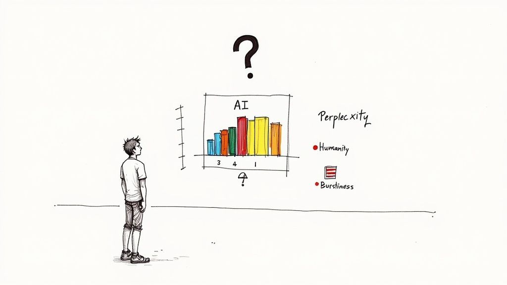A person looking at a computer screen displaying code and analytics, representing AI detection.