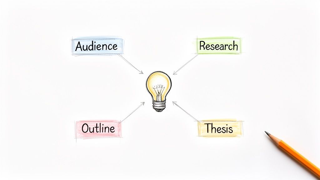 A mind map showing a lightbulb at the center, surrounded by text boxes: Audience, Research, Outline, and Thesis, representing the writing process.