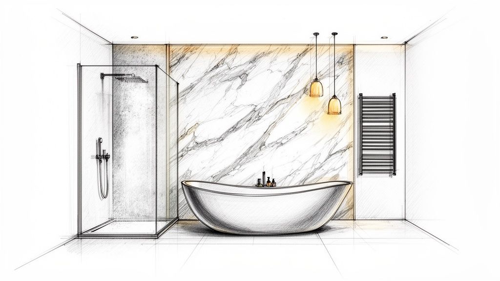A detailed sketch of a modern bathroom featuring a walk-in shower, freestanding tub, and marble accent wall.