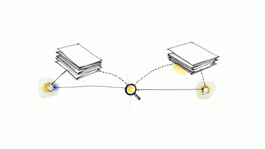 A diagram illustrating information flow with two stacks of documents, a magnifying glass, and connecting lines.