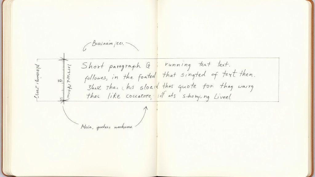Handwritten notes in an open notebook illustrating a block text layout and annotations.
