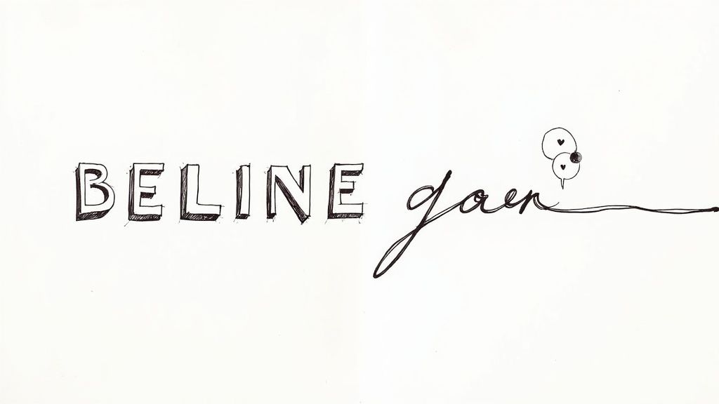 Hand-drawn text reading Beline Yaren with decorative heart balloons on cream background