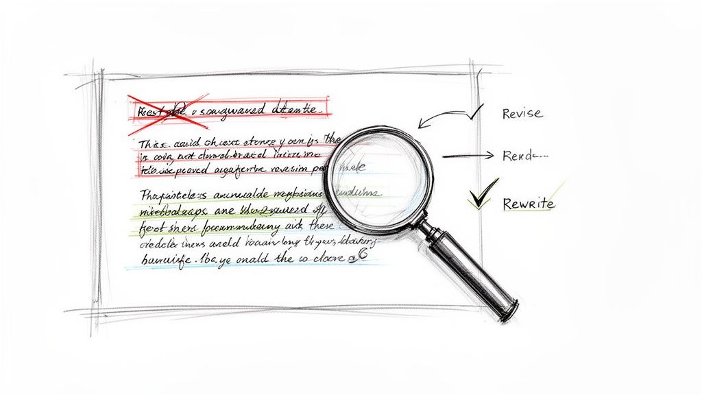 A document with handwritten edits, cross-outs, and a magnifying glass, depicting a writing and editing process.