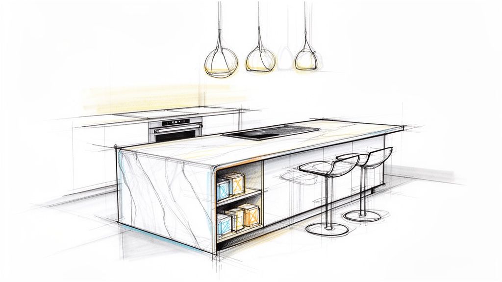 A detailed sketch of a modern kitchen featuring an island with an induction cooktop and bar stools.
