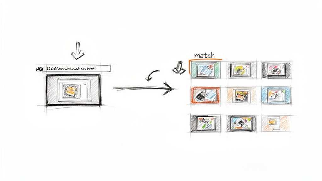 A sketch illustrating a reverse image search, from inputting an image to displaying visual matches.