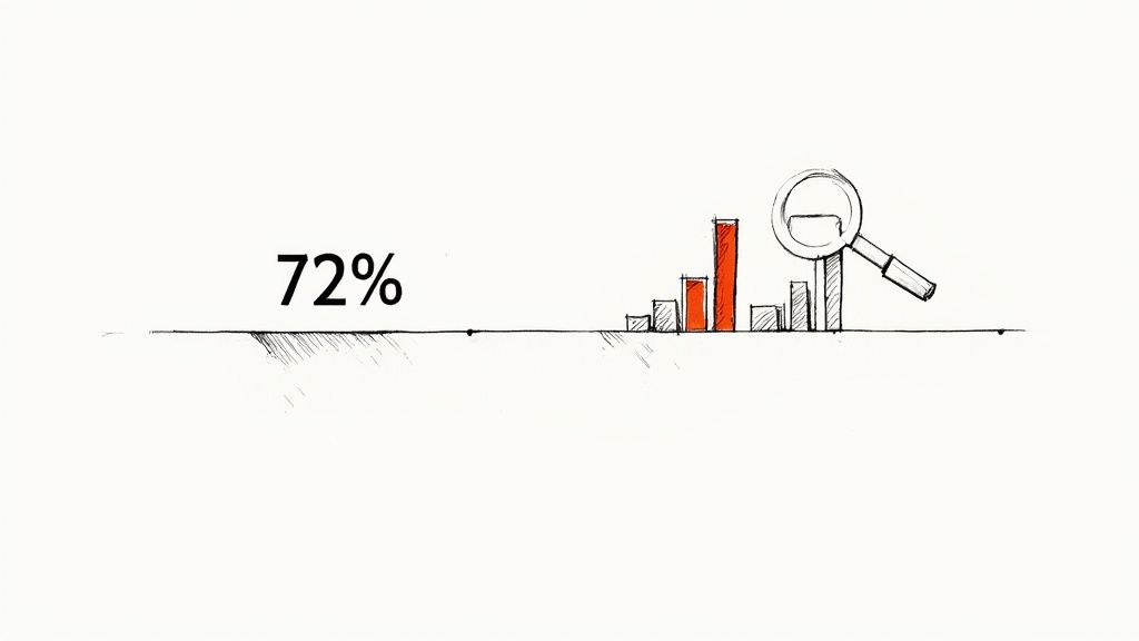 Hand-drawn sketch illustrating data analysis with 72% progress, bar graphs, and a magnifying glass.