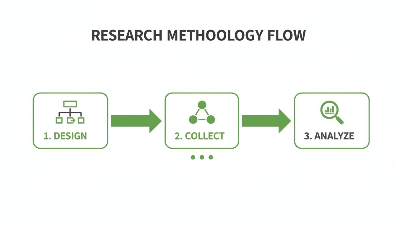 A research methodology flow diagram showing three steps: Design, Collect, and Analyze data.
