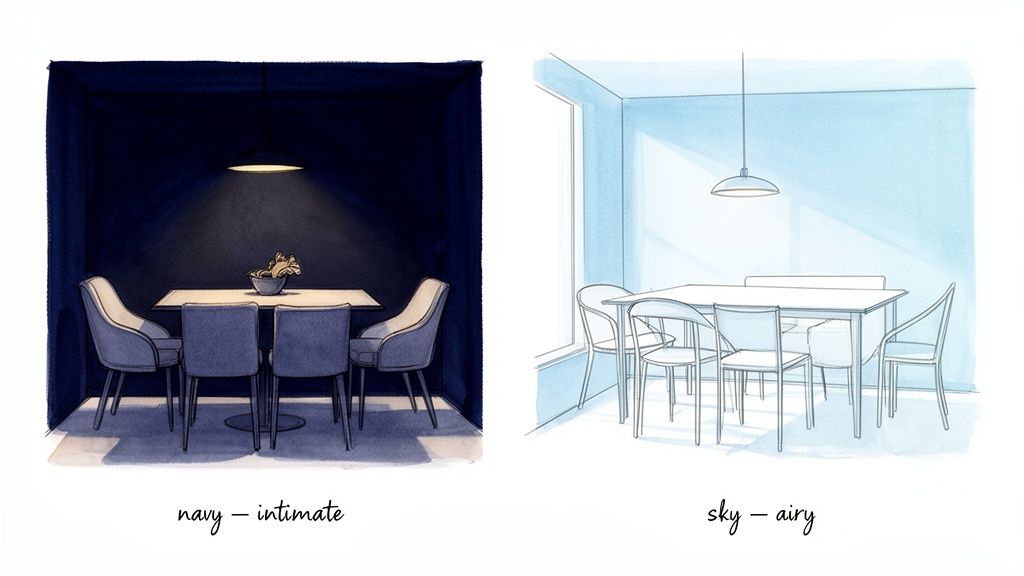 Two illustrated dining rooms, one dark navy and intimate, the other light sky blue and airy.