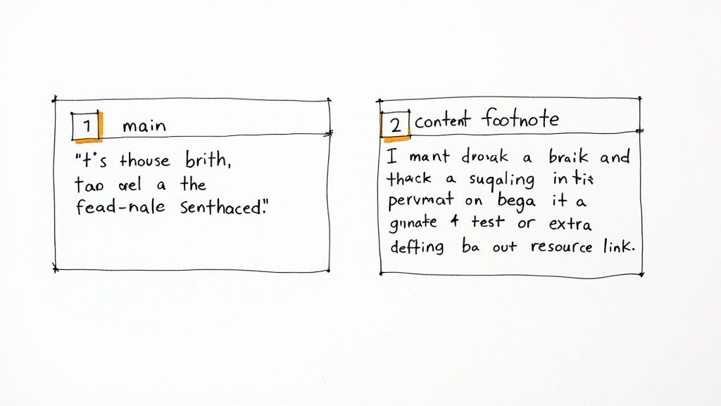 Hand-drawn illustration showing two labeled content blocks: 'main' and 'content footnote'.