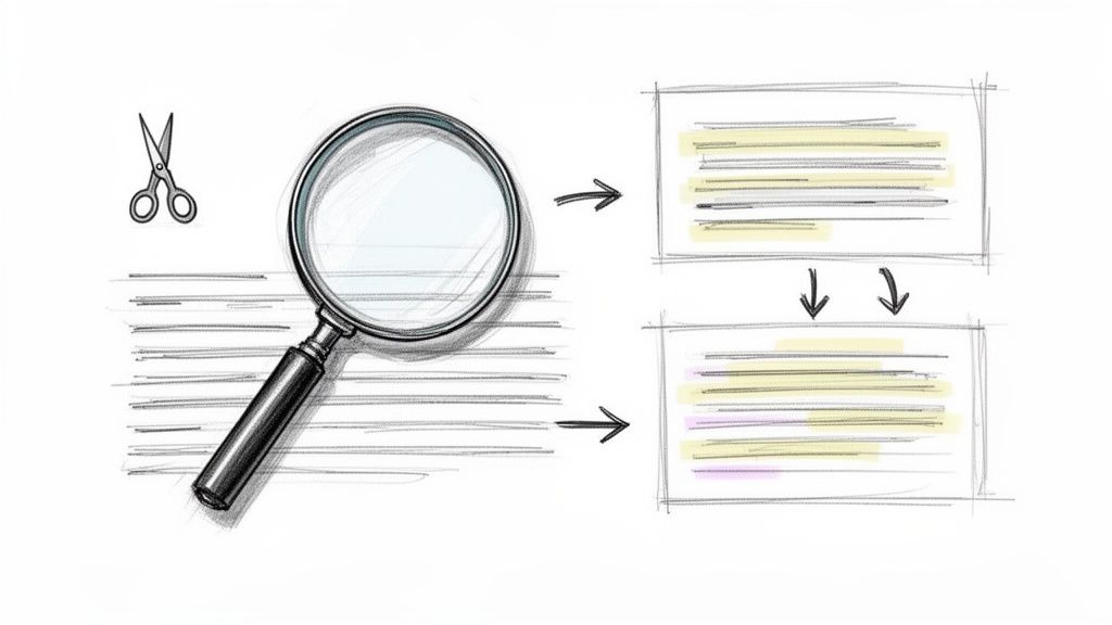 Sketch illustration of magnifying glass, scissors, and highlighted text, depicting document analysis and editing.