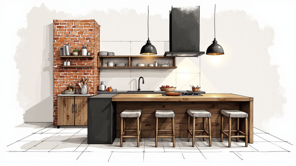 A rugged, industrial-style living room with exposed brick and metal accents