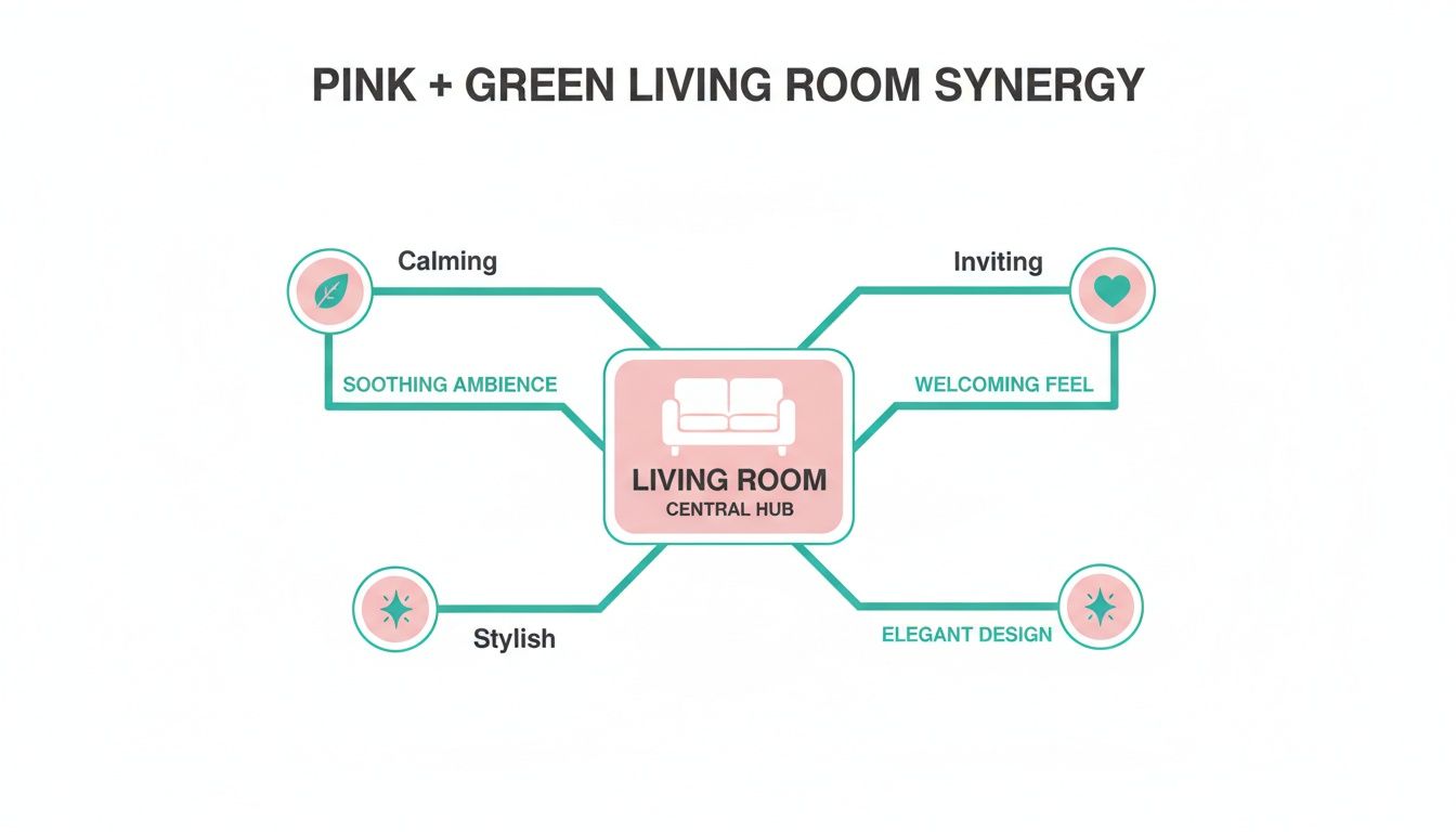 Diagram illustrating the synergy of a pink and green living room design and its benefits.