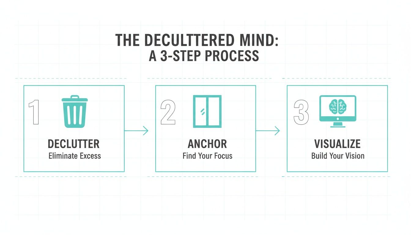 Infographic showing a 3-step process for a decluttered mind: Declutter, Anchor, and Visualize.