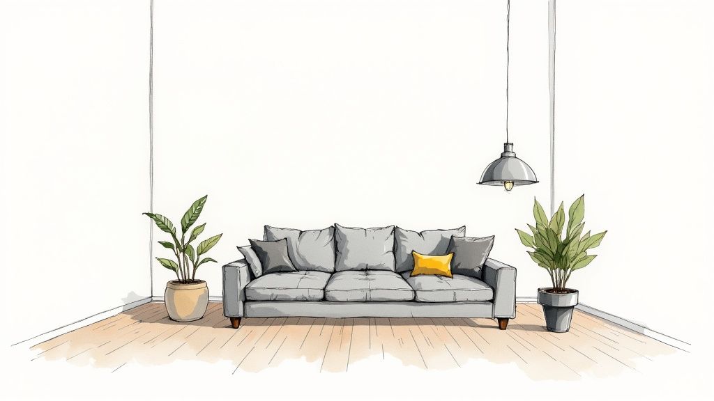 A serene, minimalist living room with clean lines and a neutral color palette