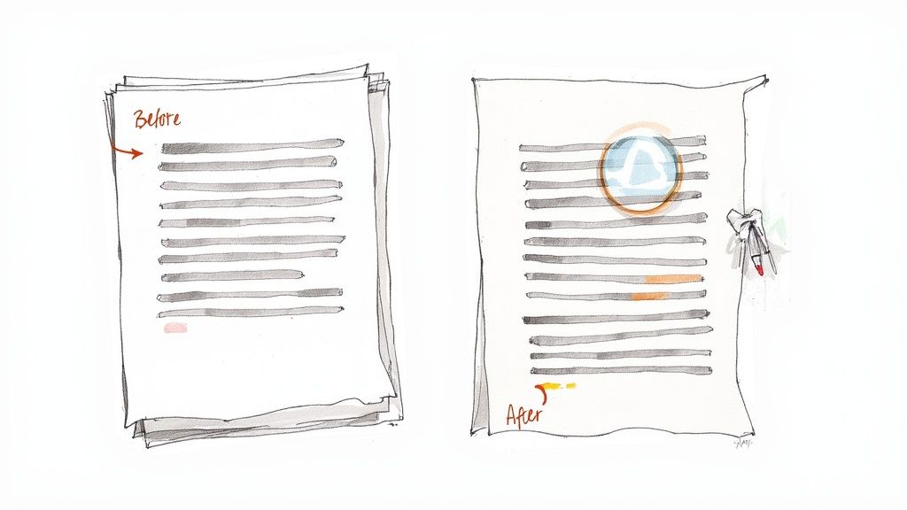 Illustration of 'Before' and 'After' documents, depicting editing with a magnifying glass and highlighting.