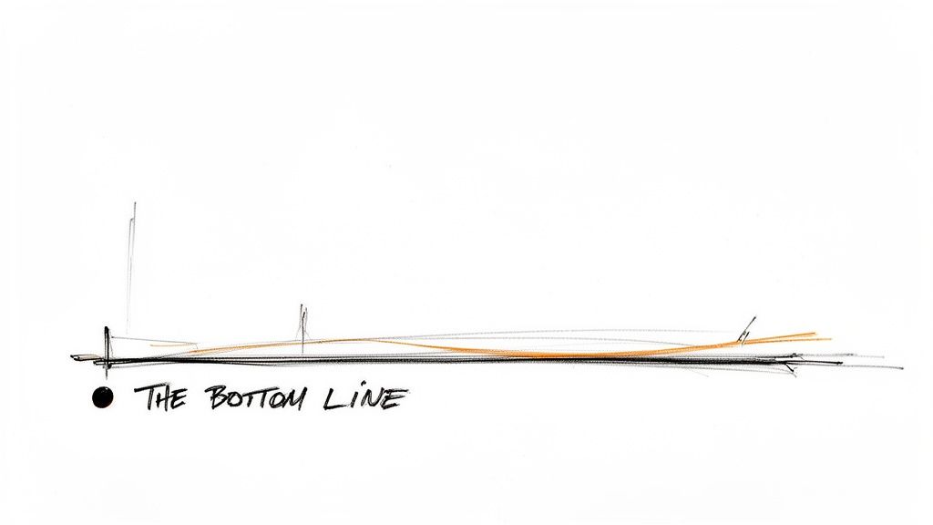 Abstract drawing with 'THE BOTTOM LINE' text, a black dot, and horizontal lines.