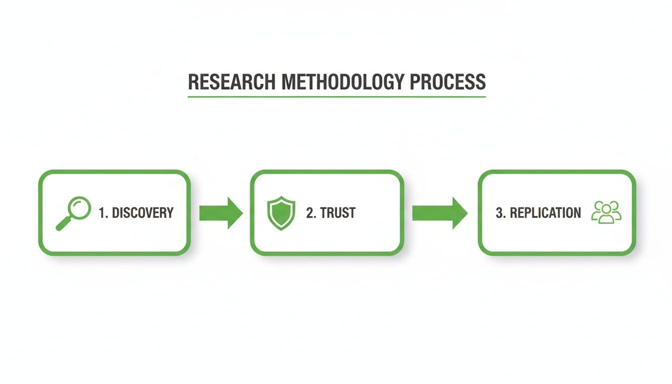 A green and white flowchart illustrating the research methodology process with three steps: Discovery, Trust, and Replication.