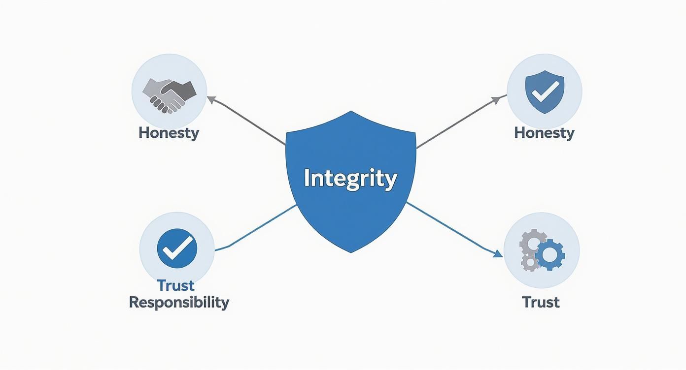Integrity shield diagram connecting honesty, trust, and responsibility as core values of academic integrity