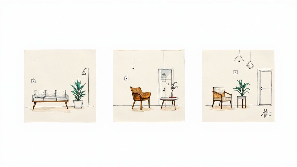 Three minimalist watercolor sketches showcasing various modern interior design setups with furniture and plants.