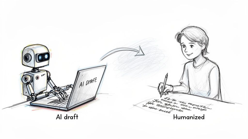 A robot on a laptop creates an 'AI draft,' then a human refines it on paper.