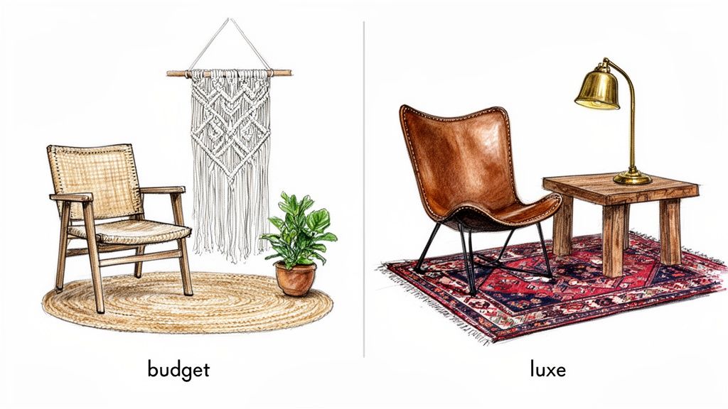 Illustrations showing a budget bohemian inspired interior next to a luxurious rustic design.