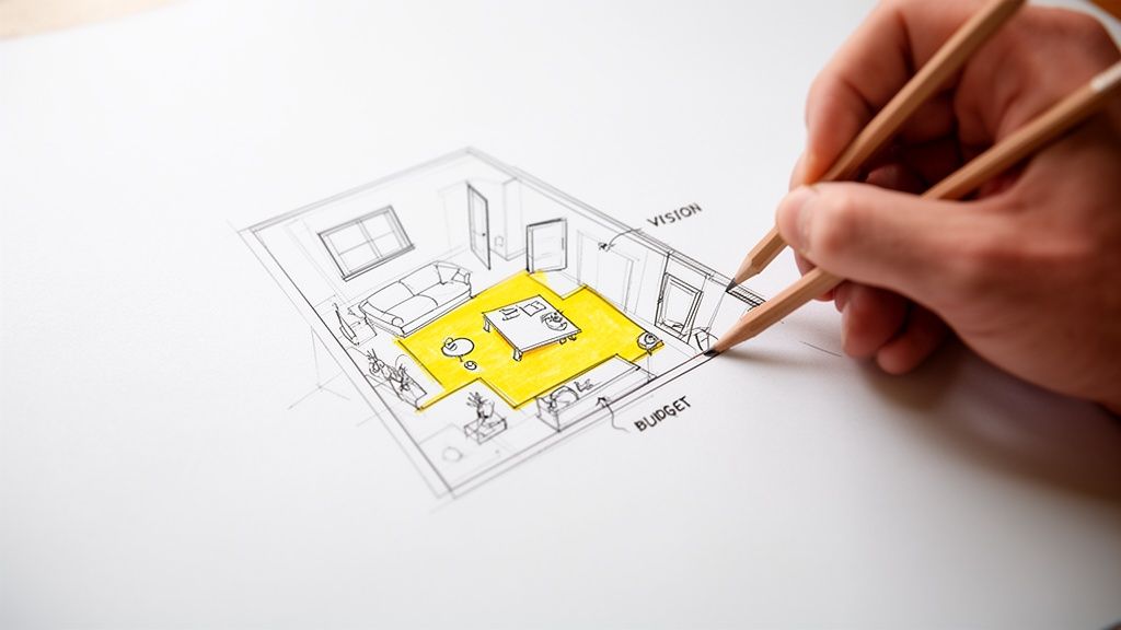 A hand sketches a detailed interior design plan on white paper, highlighting a yellow living area.