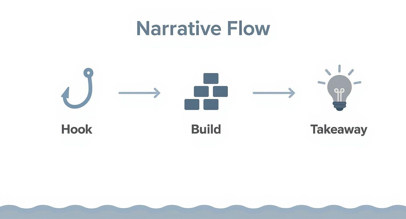 A diagram illustrating the narrative flow concept: Hook, Build, and Takeaway, connected by arrows.
