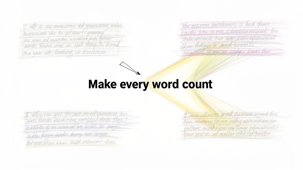 Handwritten text blocks connect to 'Make every word count', symbolizing writing optimization and conciseness.