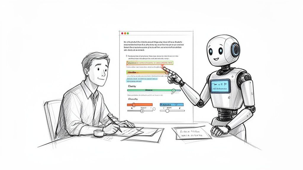 AI robot helps a man enhance text on a computer screen, demonstrating text improvement.