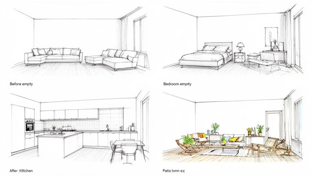 Detailed sketches illustrating different room designs: a living room, bedroom, kitchen, and cozy patio.