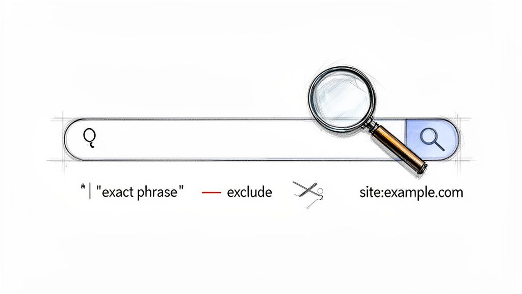 An illustration of a search bar with a magnifying glass, demonstrating advanced search operators like exact phrase, exclude, and site search.