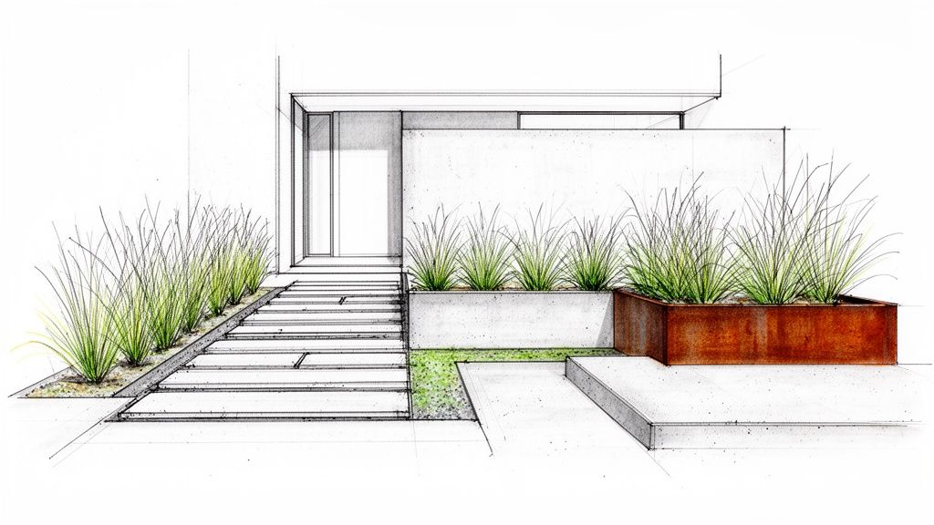 Modern architectural sketch of a house entrance with linear planting, concrete steps, and corten steel planters.