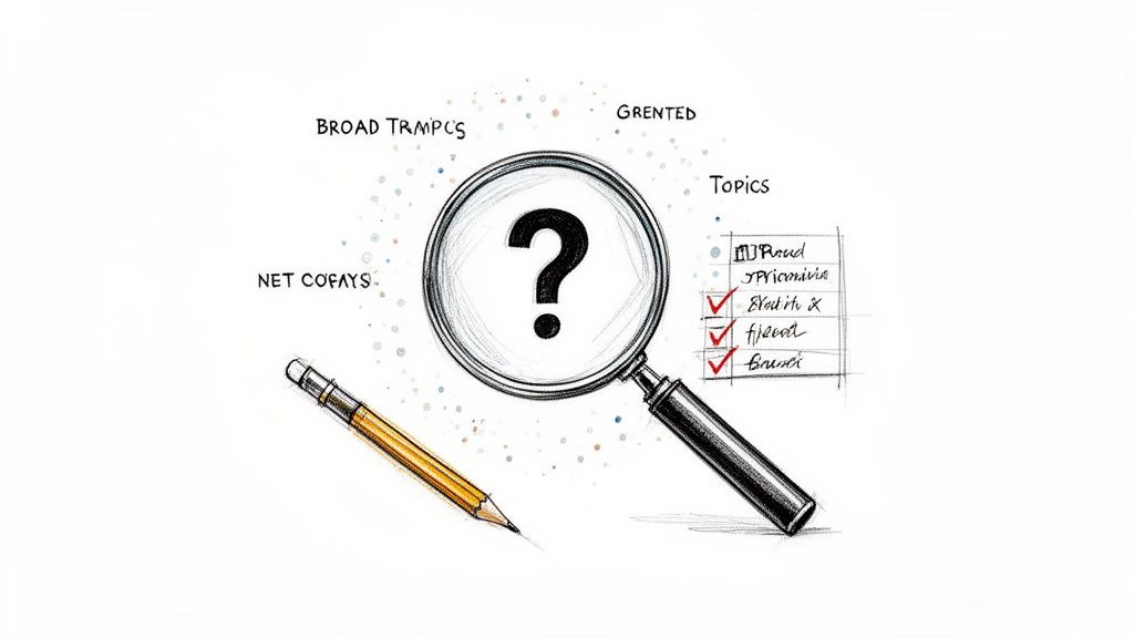 A hand-drawn illustration depicting a magnifying glass with a question mark, a pencil, and a checklist of topics.