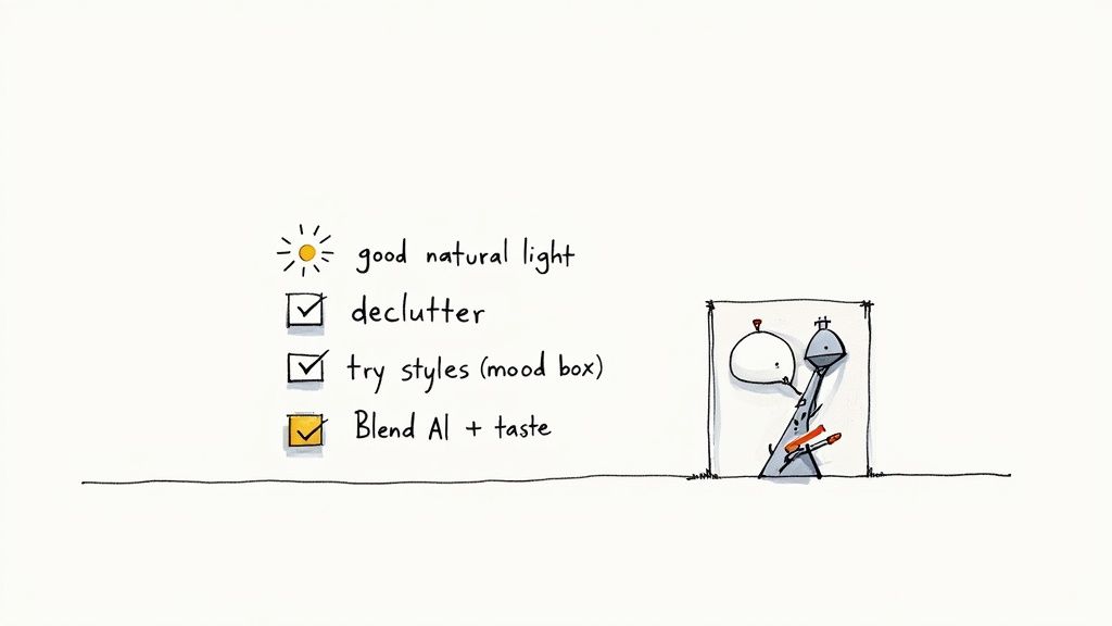 A hand-drawn checklist outlines design process steps: good natural light, declutter, styles, and blending AI with taste, alongside a small cartoon illustration.