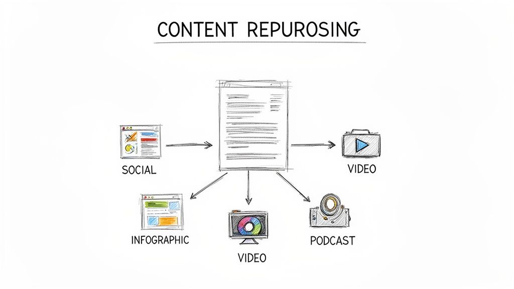 Diagram illustrating content repurposing, showing one article transformed into social media, video, infographics, and podcasts.