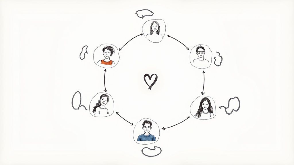 A hand-drawn illustration depicting six diverse individuals connected in a circle around a central heart, symbolizing community.