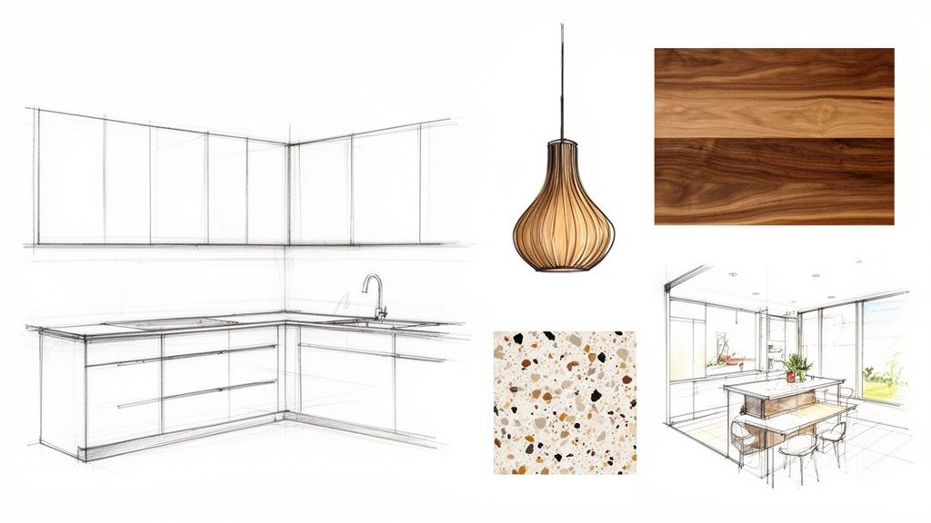Sketches for a mid-century modern kitchen remodel, featuring wood, terrazzo, and a unique pendant light.