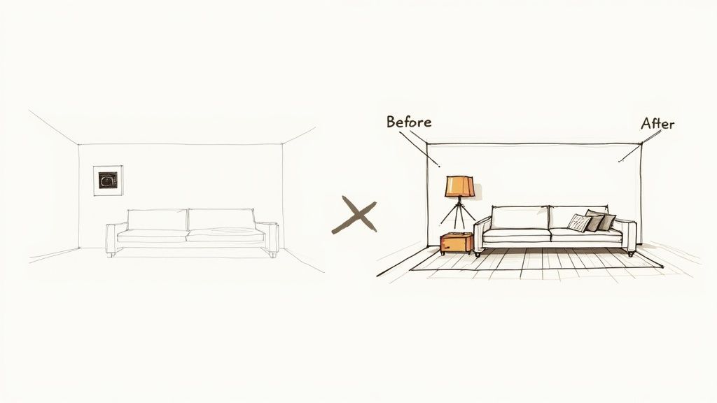 Before and after comparison showing minimalist room transformed with virtual staging furniture and decor